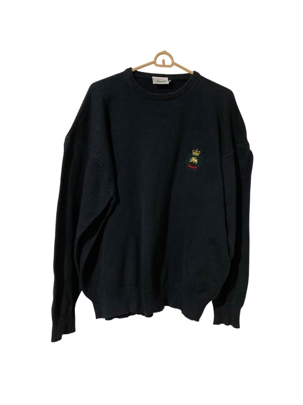 Vintage Smiths Of Bermuda Black Cotton Sweater With Crown & Lion Embroidery XL